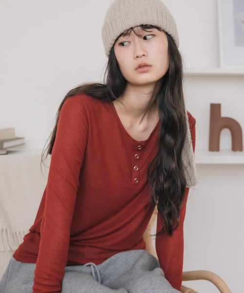 新色追加】シアーリブヘンリーネックカットソー/長袖 シアー Tシャツ