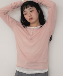 HEILIS（ヘイリス）の「【新色追加】シアーリブヘンリーネックカットソー/長袖 シアー Tシャツ カットソー トップス 春服 秋服 冬服 ネイビー ブルー ベージュ ライム ブラウン ブラック 杢グレー レッド ピンク オフホワイト 白 黒 赤 韓国 ノームコア シンプル カジュアル ガーリー レイヤード インナー（Tシャツ/カットソー）」