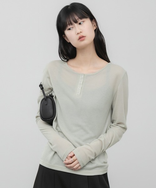 セール】【新色追加】シアーリブヘンリーネックカットソー/長袖 シアー