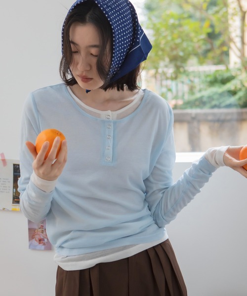セール】【新色追加】シアーリブヘンリーネックカットソー/長袖 シアー