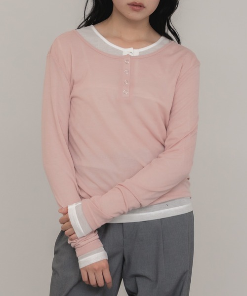 HEILIS(ヘイリス)の「【新色追加】シアーリブヘンリーネックカットソー/長袖 シアー Tシャツ カットソー トップス 春服 秋服 冬服 ネイビー ブルー ベージュ ライム ブラウン ブラック 杢グレー レッド ピンク オフホワイト 白 黒 赤 韓国 ノームコア シンプル カジュアル ガーリー レイヤード インナー(Tシャツ/カットソー・レディース・オフホワイト/ブラック/チャコールグレー/レッド/ピンク/ブラウン/ブルー/ベージュ/ネイビー・FREE)」の19枚目の写真