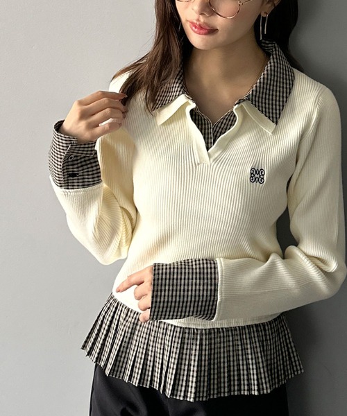 mily bilet(ミウィビレット)の「【mily bilet】ニット×チェックプリーツで叶える!旬のレイヤードスタイル♪異素材切り替えニットプルオーバー(ニット/セーター・レディース・アイボリー/グレー/ブラウン・X-LARGE/LARGE/SMALL/MEDIUM)」の6枚目の写真