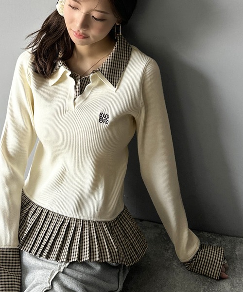 mily bilet(ミウィビレット)の「【mily bilet】ニット×チェックプリーツで叶える!旬のレイヤードスタイル♪異素材切り替えニットプルオーバー(ニット/セーター・レディース・アイボリー/グレー/ブラウン・X-LARGE/LARGE/SMALL/MEDIUM)」の4枚目の写真