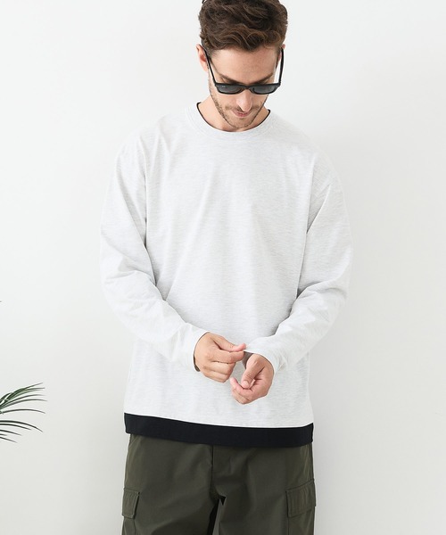 JEANS MATE(ジーンズメイト)の「【汗染みの目立ちにくいTシャツ ZEROSTAIN/ゼロステイン】フェイクレイヤードBIGロンT 防汚 UVカット(Tシャツ/カットソー・メンズ・ブルー/オフホワイト/ブラック/ホワイト・MEDIUM/X-LARGE/LARGE)」の12枚目の写真