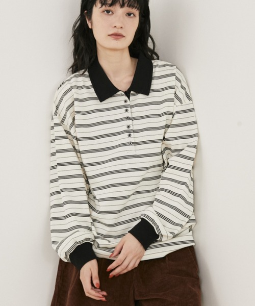 MERLOT(メルロー)の「マルチボーダールーズポロ(ポロシャツ・レディース・ネイビー/ホワイト・FREE)」の2枚目の写真