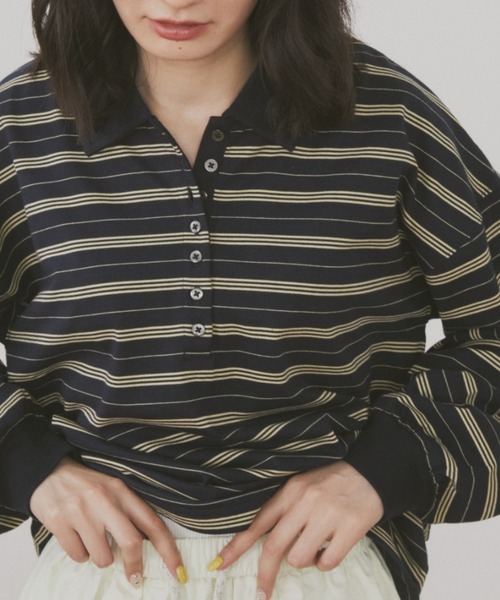 MERLOT(メルロー)の「マルチボーダールーズポロ(ポロシャツ・レディース・ネイビー/ホワイト・FREE)」の5枚目の写真