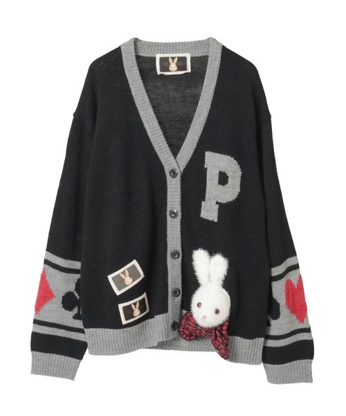 うさぎ顔ぐるみモチーフ付きニットカーディガン（カーディガン