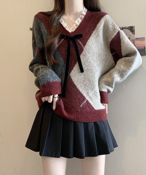 ViViDAY（ビビデー）の「レースVネック　フロントリボン　ニットプルオーバー（ニット/セーター・レディース・ワインレッド/ブラウン系その他・M）」の8枚目の写真