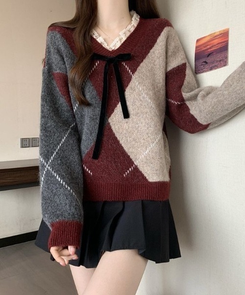 ViViDAY（ビビデー）の「レースVネック　フロントリボン　ニットプルオーバー（ニット/セーター・レディース・ワインレッド/ブラウン系その他・M）」の10枚目の写真