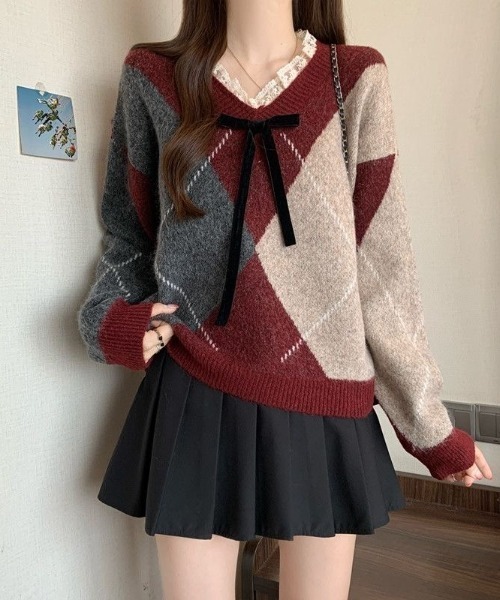 ViViDAY（ビビデー）の「レースVネック　フロントリボン　ニットプルオーバー（ニット/セーター・レディース・ワインレッド/ブラウン系その他・M）」の12枚目の写真