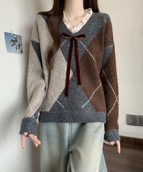 ViViDAY（ビビデー）の「レースVネック　フロントリボン　ニットプルオーバー（ニット/セーター・レディース・ワインレッド/ブラウン系その他・M）」の16枚目の写真