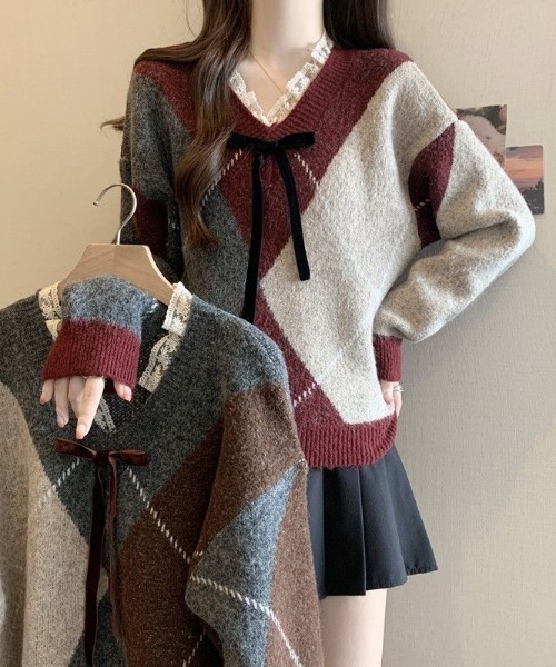 ViViDAY（ビビデー）の「レースVネック　フロントリボン　ニットプルオーバー（ニット/セーター・レディース・ワインレッド/ブラウン系その他・M）」の14枚目の写真