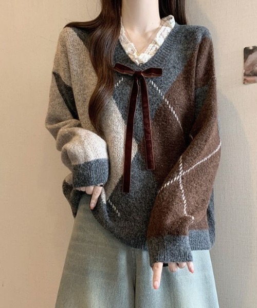 ViViDAY（ビビデー）の「レースVネック　フロントリボン　ニットプルオーバー（ニット/セーター・レディース・ワインレッド/ブラウン系その他・M）」の21枚目の写真