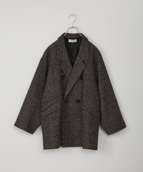 グレンチェック ダブルブレスト コクーンスリーブショート丈コート