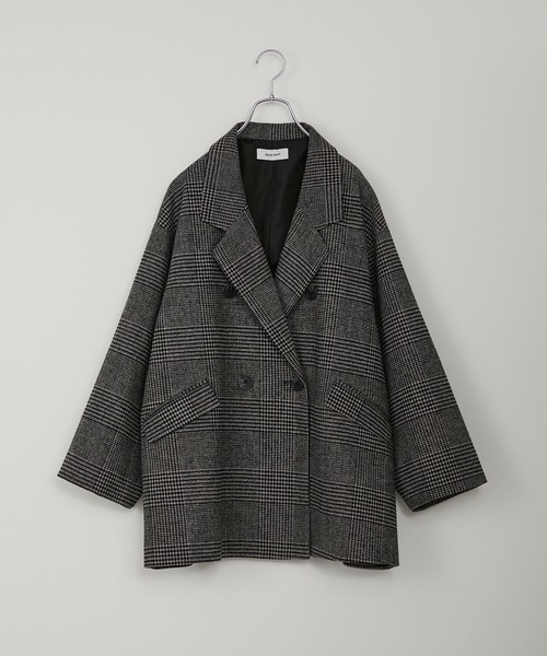 BOSS グレンチェック ダブルブレステッド コート セール】グレンチェック ダブルブレスト コクーンスリーブショート丈