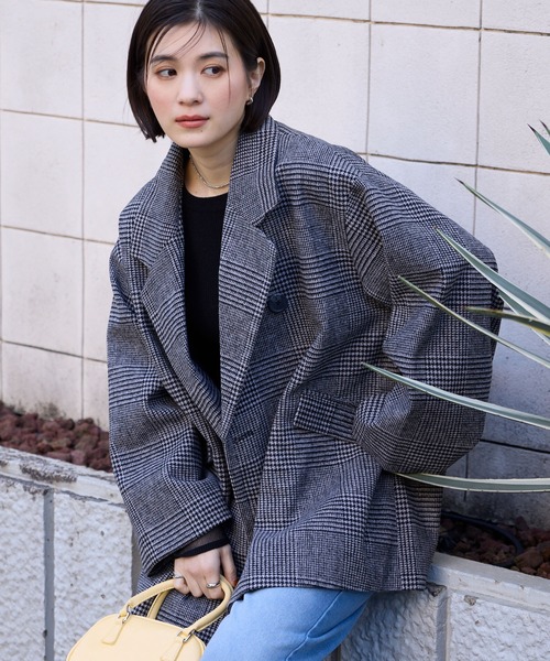 グレンチェック ダブルブレスト コクーンスリーブショート丈コート
