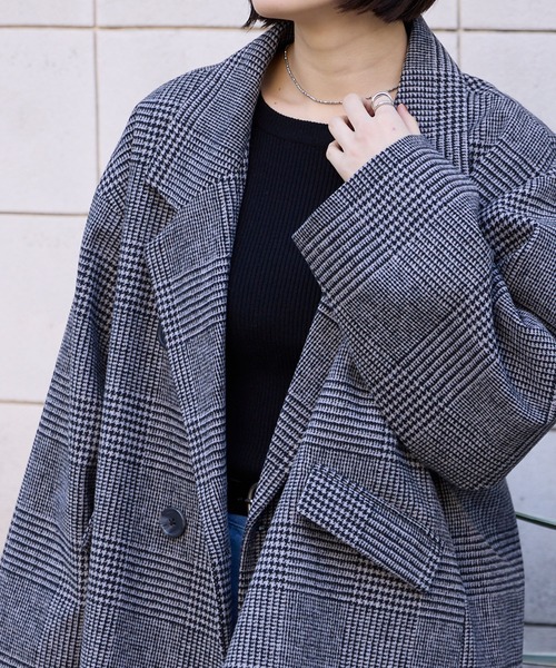 セール】グレンチェック ダブルブレスト コクーンスリーブショート丈 セール】グレンチェック ダブルブレスト コクーンスリーブショート丈