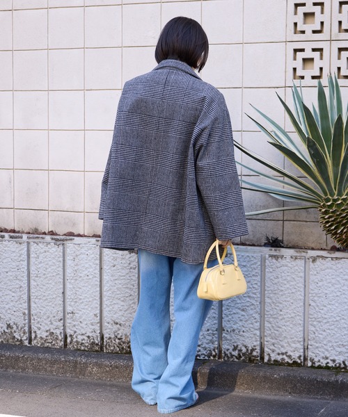 グレンチェック ダブルブレスト コクーンスリーブショート丈コート
