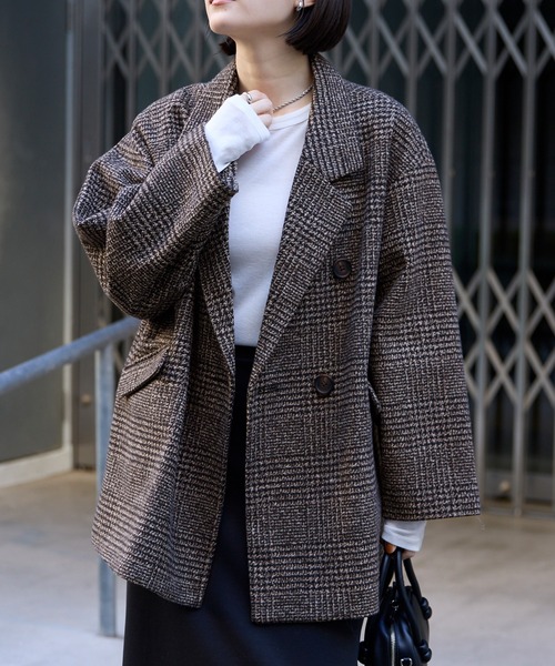 OVERCOAT ダブルブレストジャケット グレンチェック オーバーコート グレンチェック ダブルブレスト コクーンスリーブショート丈コート