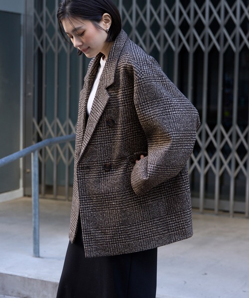 グレンチェック ダブルブレスト コクーンスリーブショート丈コート