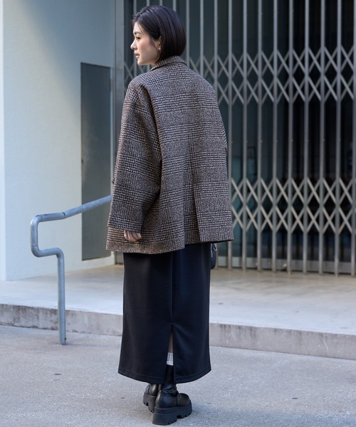 グレンチェック ダブルブレスト コクーンスリーブショート丈コート