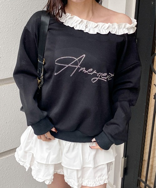 Mejoul(メジュール)の「ビジュープリントフリルネックワンショル スウェット(スウェット・レディース・ブラック/ホワイト・F)」の4枚目の写真