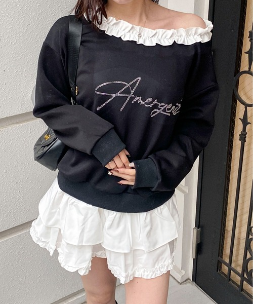 Mejoul(メジュール)の「ビジュープリントフリルネックワンショル スウェット(スウェット・レディース・ブラック/ホワイト・F)」の9枚目の写真
