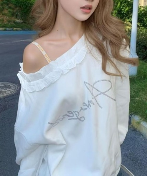Mejoul(メジュール)の「ビジュープリントフリルネックワンショル スウェット(スウェット・レディース・ブラック/ホワイト・F)」の11枚目の写真