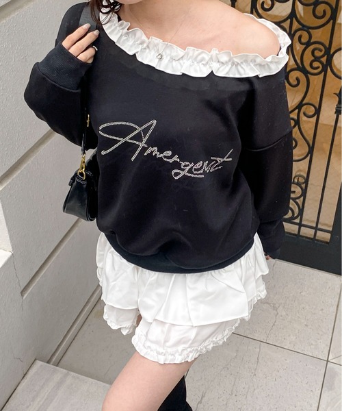 Mejoul(メジュール)の「ビジュープリントフリルネックワンショル スウェット(スウェット・レディース・ブラック/ホワイト・F)」の13枚目の写真