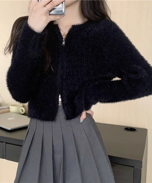 SHEPP(シープ)の「ダブルジップ シャギークルーネックカーディガン(カーディガン/ボレロ・レディース・カーキ/アイボリー/ブラック・F)」の5枚目の写真