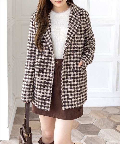 ブロックチェックウールジャケット セール】ブロックチェックフェイクウールダブルジャケット[オフィス