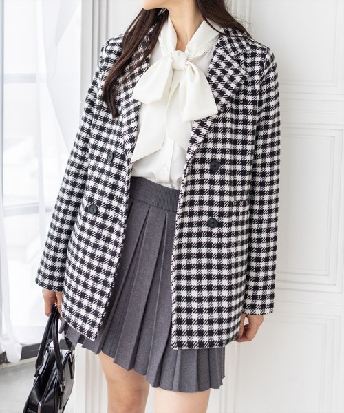 clear（クリア）の「ブロックチェックフェイクウールダブルジャケット[オフィスカジュアル 着回し抜群 大人]（テーラードジャケット・レディース・ブラウン/ブラック・F）」の2枚目の写真