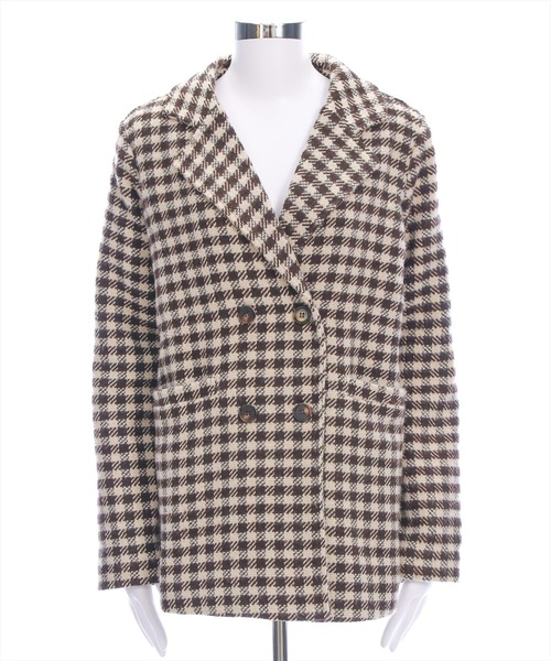 ブロックチェックウールジャケット セール】ブロックチェックフェイクウールダブルジャケット[オフィス