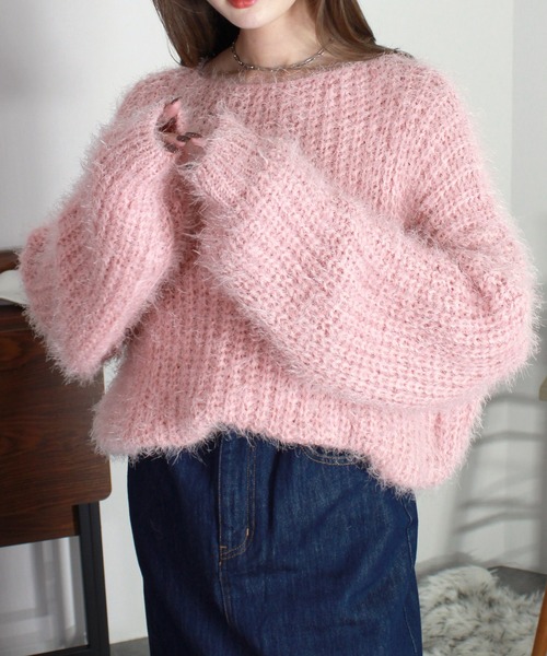 フラッフィールーズニット / 長袖 クルーネック ボリューム袖 シャギー