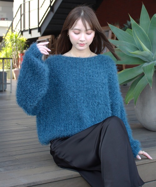 フラッフィールーズニット / 長袖 クルーネック ボリューム袖 シャギー