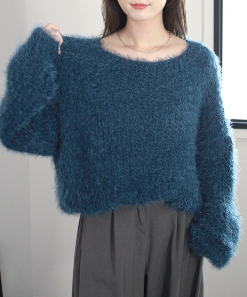 フラッフィールーズニット / 長袖 クルーネック ボリューム袖 シャギー