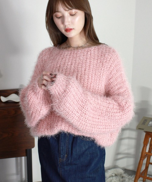 フラッフィールーズニット / 長袖 クルーネック ボリューム袖 シャギー