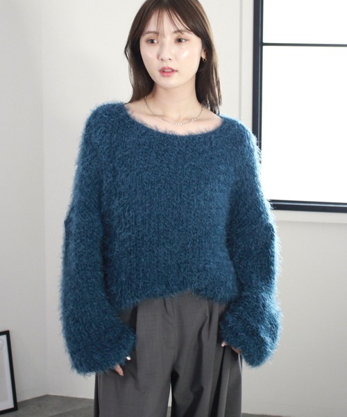 フラッフィールーズニット / 長袖 クルーネック ボリューム袖 シャギー