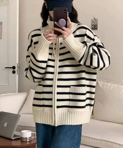 STAY MOTION（ステイモーション）の「【WEB限定】ダブルジップボーダーニットトップス［韓国ファッション カジュアル］（ニット/セーター・レディース・アイボリー/ブラック・F）」の2枚目の写真