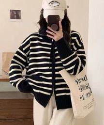 STAY MOTION | 【WEB限定】ダブルジップボーダーニットトップス［韓国ファッション カジュアル］≪AW新作≫(ニット/セーター)