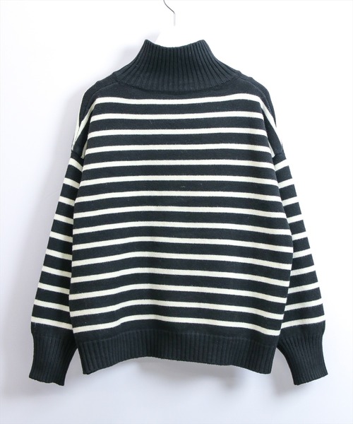 STAY MOTION（ステイモーション）の「【WEB限定】ダブルジップボーダーニットトップス［韓国ファッション カジュアル］（ニット/セーター・レディース・アイボリー/ブラック・F）」の7枚目の写真