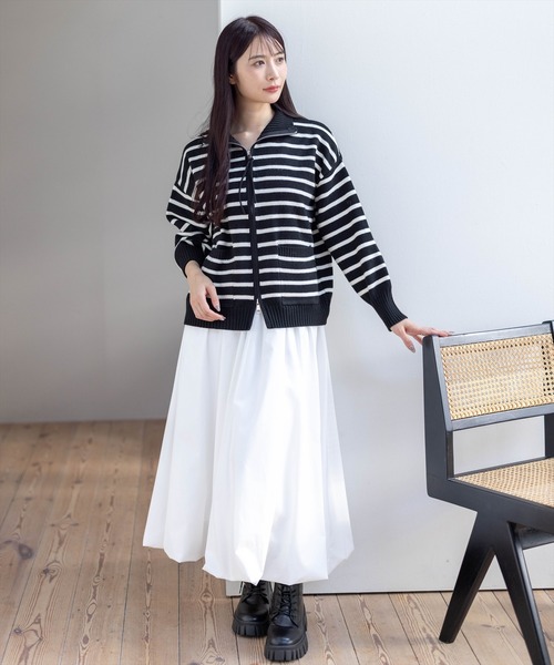 STAY MOTION（ステイモーション）の「【WEB限定】ダブルジップボーダーニットトップス［韓国ファッション カジュアル］（ニット/セーター・レディース・アイボリー/ブラック・F）」の5枚目の写真