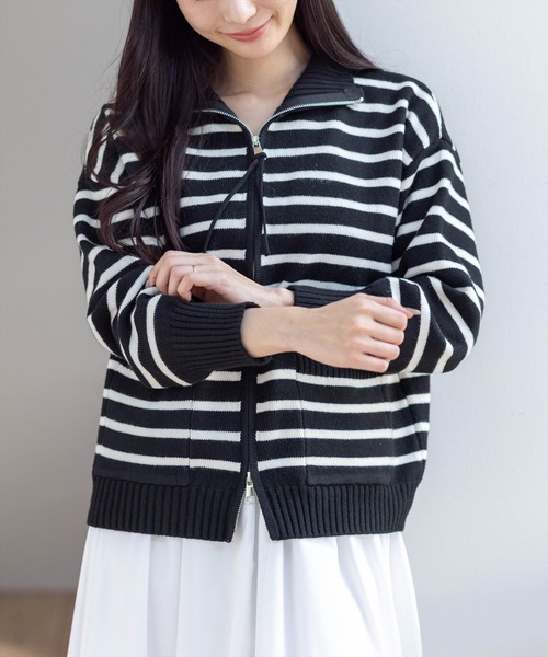 STAY MOTION（ステイモーション）の「【WEB限定】ダブルジップボーダーニットトップス［韓国ファッション カジュアル］（ニット/セーター・レディース・アイボリー/ブラック・F）」の3枚目の写真