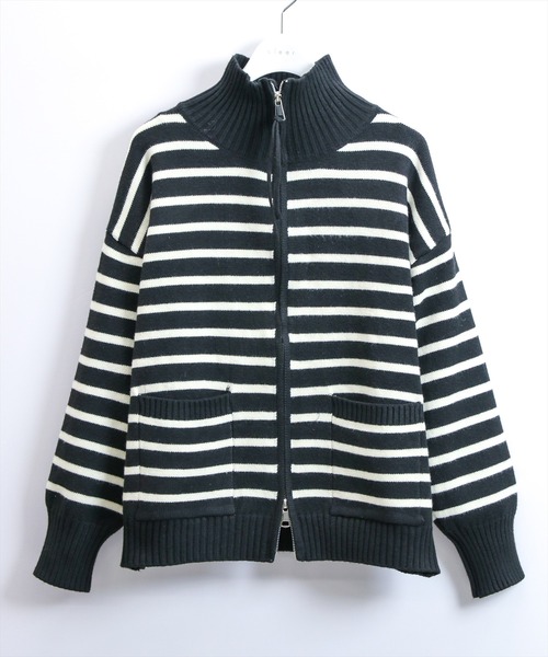 STAY MOTION（ステイモーション）の「【WEB限定】ダブルジップボーダーニットトップス［韓国ファッション カジュアル］（ニット/セーター・レディース・アイボリー/ブラック・F）」の6枚目の写真