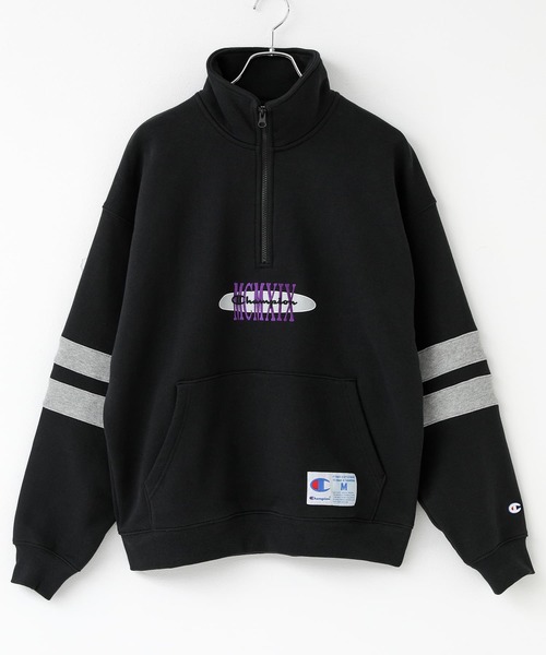 Champion】『袖ラインロゴ刺繍ハーフジップトップス』（スウェット
