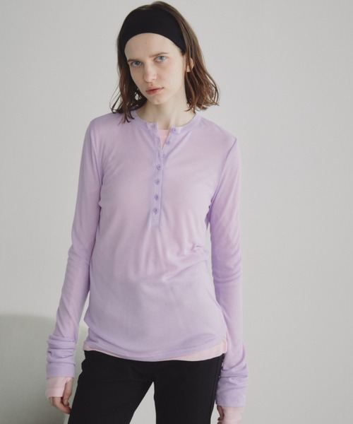 Auntie Rosa Holiday(アンティローザホリデー)の「シアーリブヘンリーネックトップス(Tシャツ/カットソー・レディース・グレー/ラベンダー/ライム/ピンク/アイボリー/ブラック・FREE)」の12枚目の写真