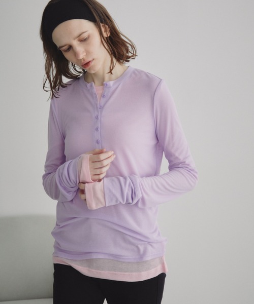 Auntie Rosa Holiday(アンティローザホリデー)の「シアーリブヘンリーネックトップス(Tシャツ/カットソー・レディース・グレー/ラベンダー/ライム/ピンク/アイボリー/ブラック・FREE)」の13枚目の写真