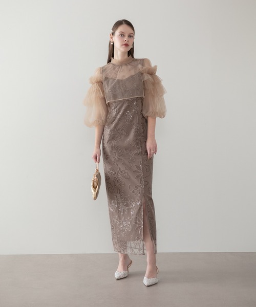 Leja フリルチュールスパンコールフローラルIラインワンピースドレス2点セット LEJA】フリルチュールスパンコールフローラルIラインワンピースドレス2