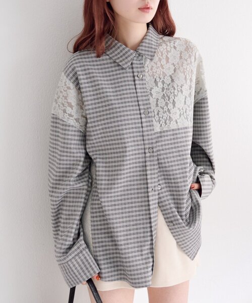 Kastane（カスタネ）の「【1.1(木)0:00発売/S.Mサイズ展開/WEB先行】パッチワークレースシャツ（シャツ/ブラウス・レディース・ブラック/ライトグレー・SMALL/MEDIUM）」の2枚目の写真
