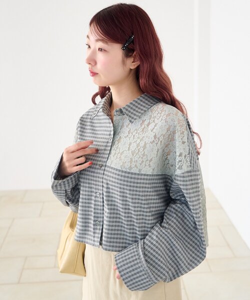 Kastane（カスタネ）の「【1.1(木)0:00発売/S.Mサイズ展開/WEB先行】パッチワークレースシャツ（シャツ/ブラウス・レディース・ブラック/ライトグレー・SMALL/MEDIUM）」の13枚目の写真